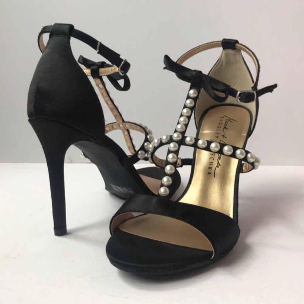 Badgley Mischka Black Pearl-Embellished Satin Heels